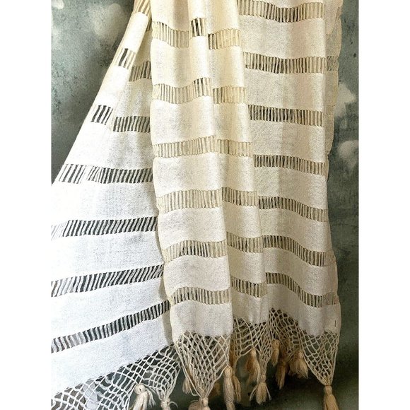 Bohemian Semi-Sheer Lacy Long Scarf Shawl Wrap Fringe Ivory Off-White - Picture 6 of 14